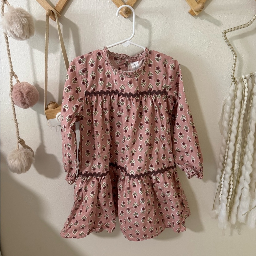Girls' Floral Ruffle-Trim Long Sleeve Dress - Pink